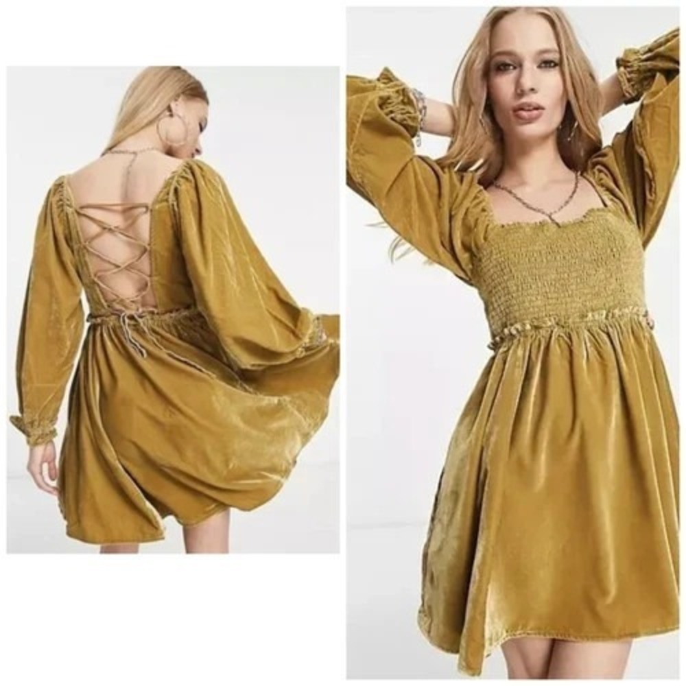 Free People Daphne Velvet Sleeve Mini Dress Size Extra Small XS Olive Bitters